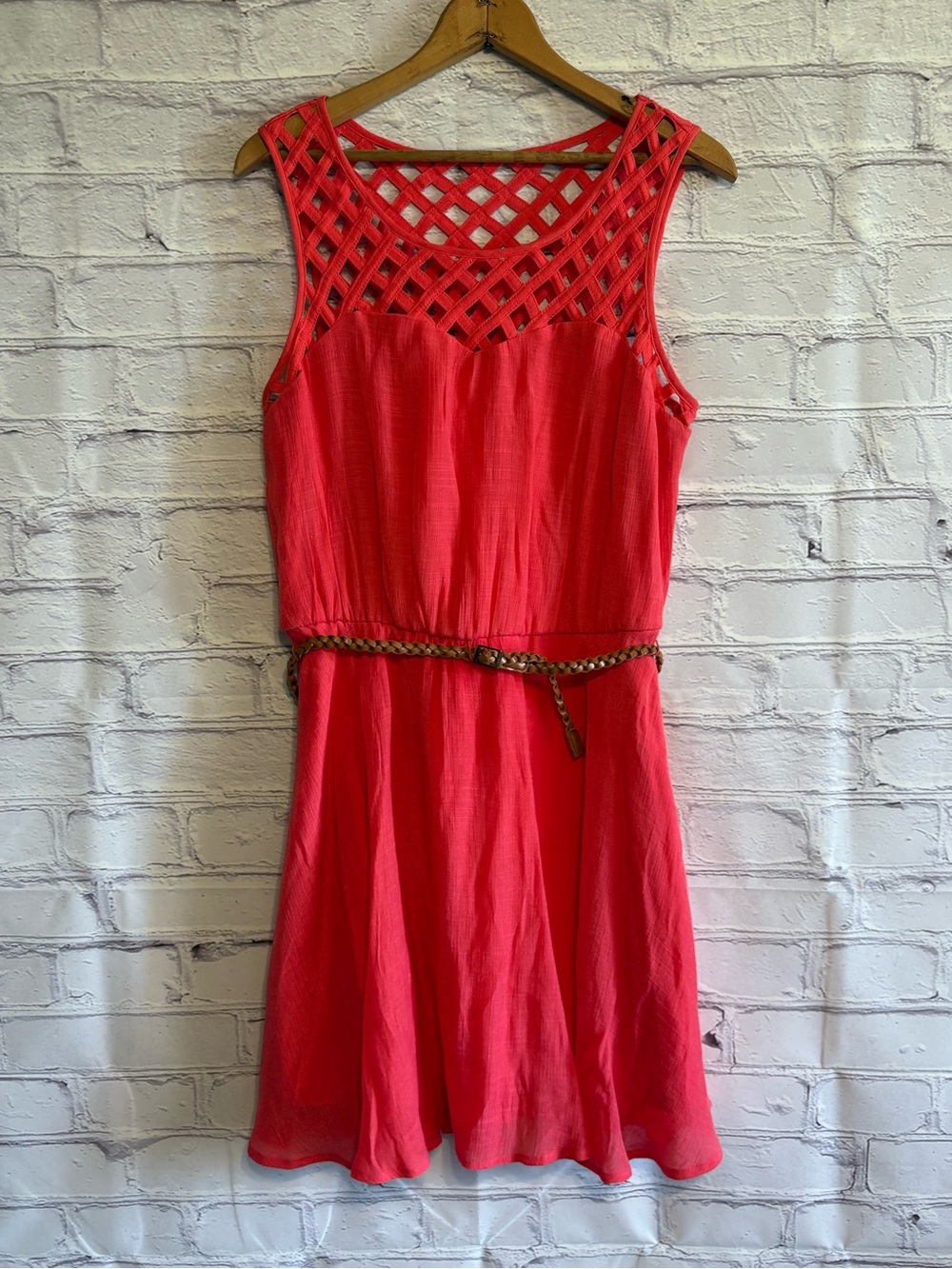 🌿5/$25 AUW Coral-Red Sleeveless Lattice-Yoke Mini Dress with Braided Belt